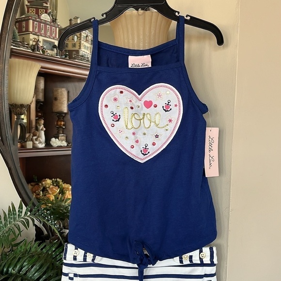 Brand New Little Lass 2-Piece Set Nautical Navy Blue Tank Top & Striped Shorts - Picture 2 of 15